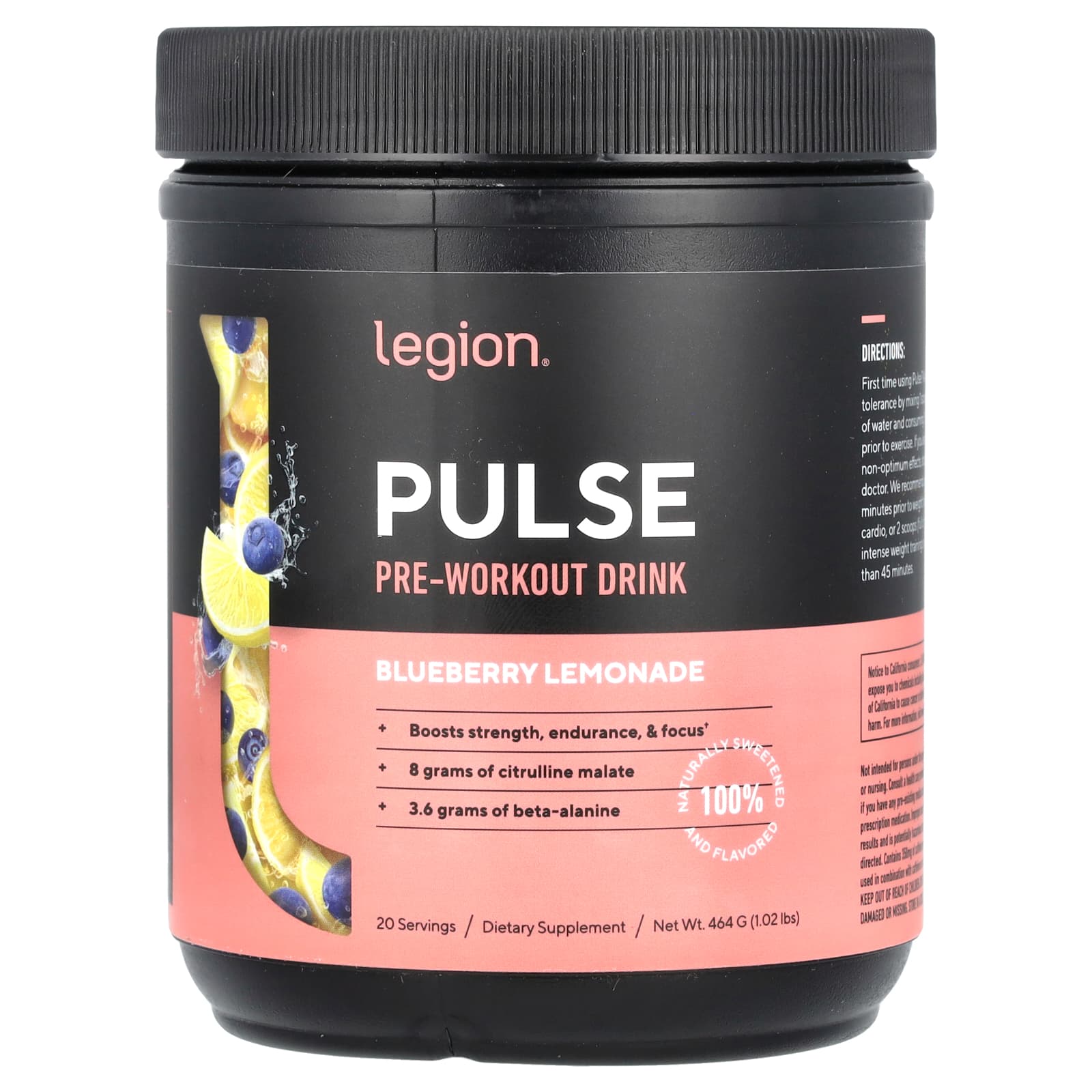 Legion Athletics, Pulse, Pre-Workout Drink, Blueberry Lemonade , 1.02 lbs (464 g) - Image 1