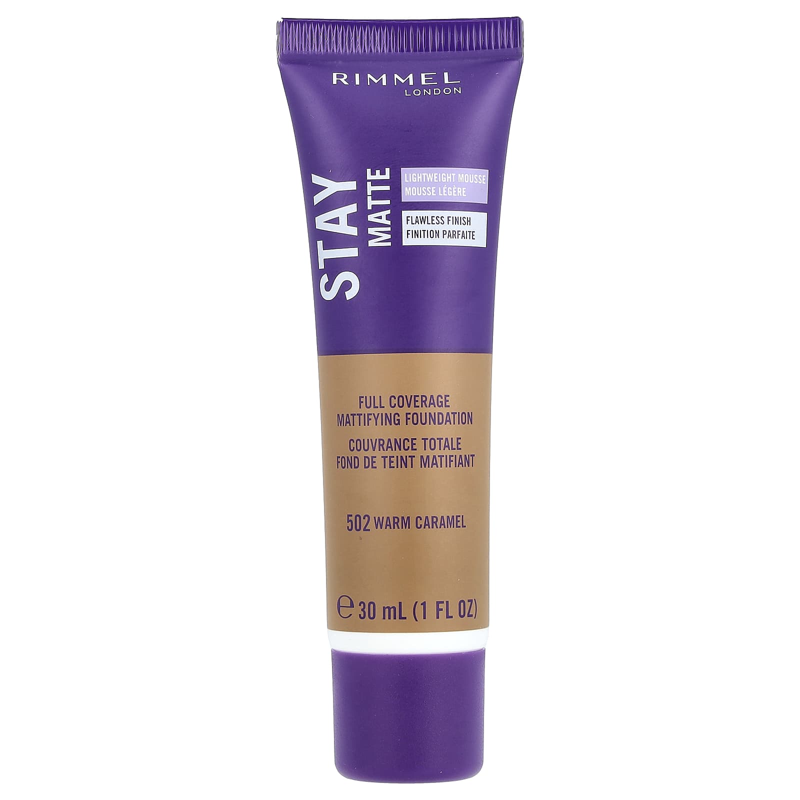 Rimmel London, Stay Matte, Full Coverage Mattifying Foundation, 502 Warm Caramel, 1 fl oz (30 ml) - Image 1