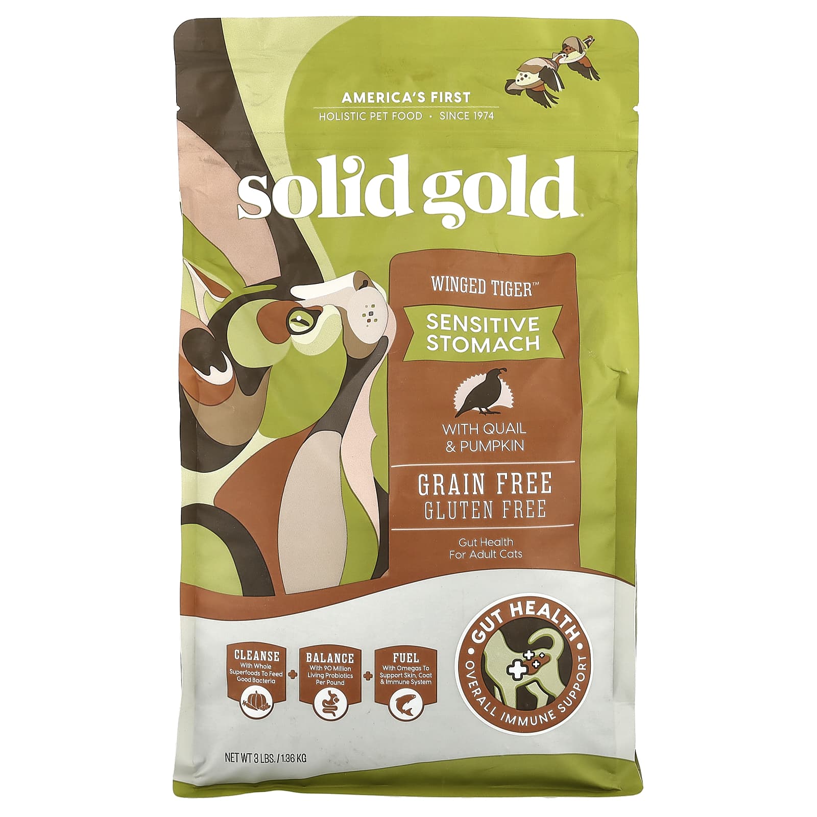 Solid Gold, Winged Tiger™, For Cats, Adult, With Quail & Pumpkin, 3 lbs (1.36 kg) - Image 1
