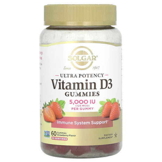 Solgar, Ultra Potency Vitamin D3 Gummies, Strawberry, 125 mcg (5,000 IU), 60 Gummies - Image 1