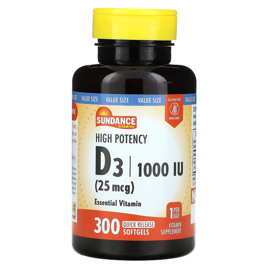 Sundance Vitamins, High Potency D3, 25 mcg (1,000 IU), 300 Quick Release Softgels - Image 1