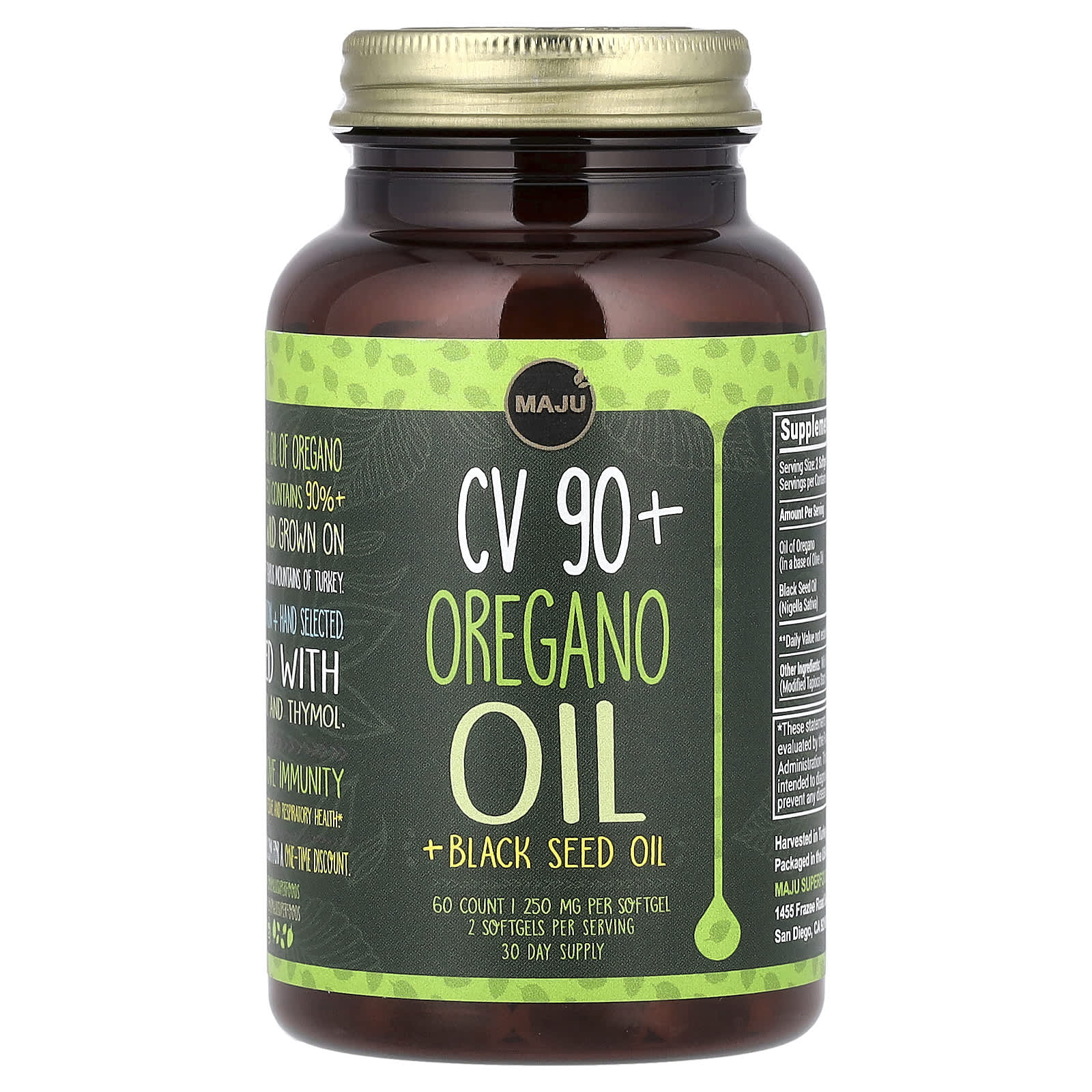 Maju Superfoods, CV 90+ Oregano Oil + Black Seed Oil, 60 Softgels - Image 1