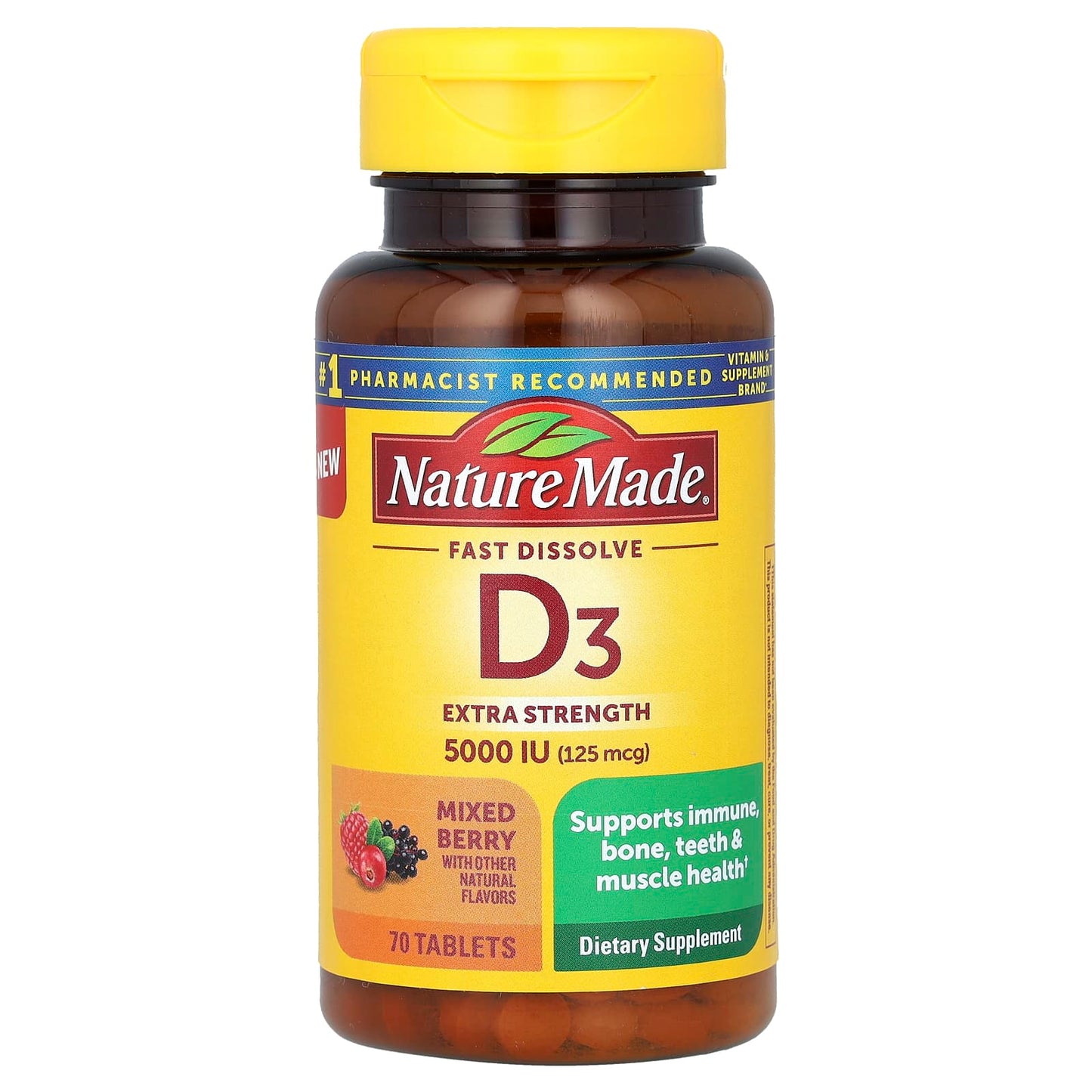 Nature Made, Fast Dissolve D3, Extra Strength, Mixed Berry, 125 mcg (5,000 IU), 70 Tablets - Image 1