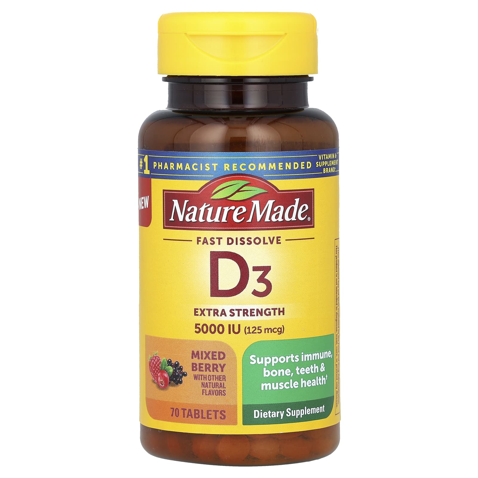 Nature Made, Fast Dissolve D3, Extra Strength, Mixed Berry, 125 mcg (5,000 IU), 70 Tablets - Image 1