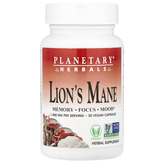 Planetary Herbals, Lion's Mane, 30 Vegan Capsules (500 mg per Capsule) - Image 1