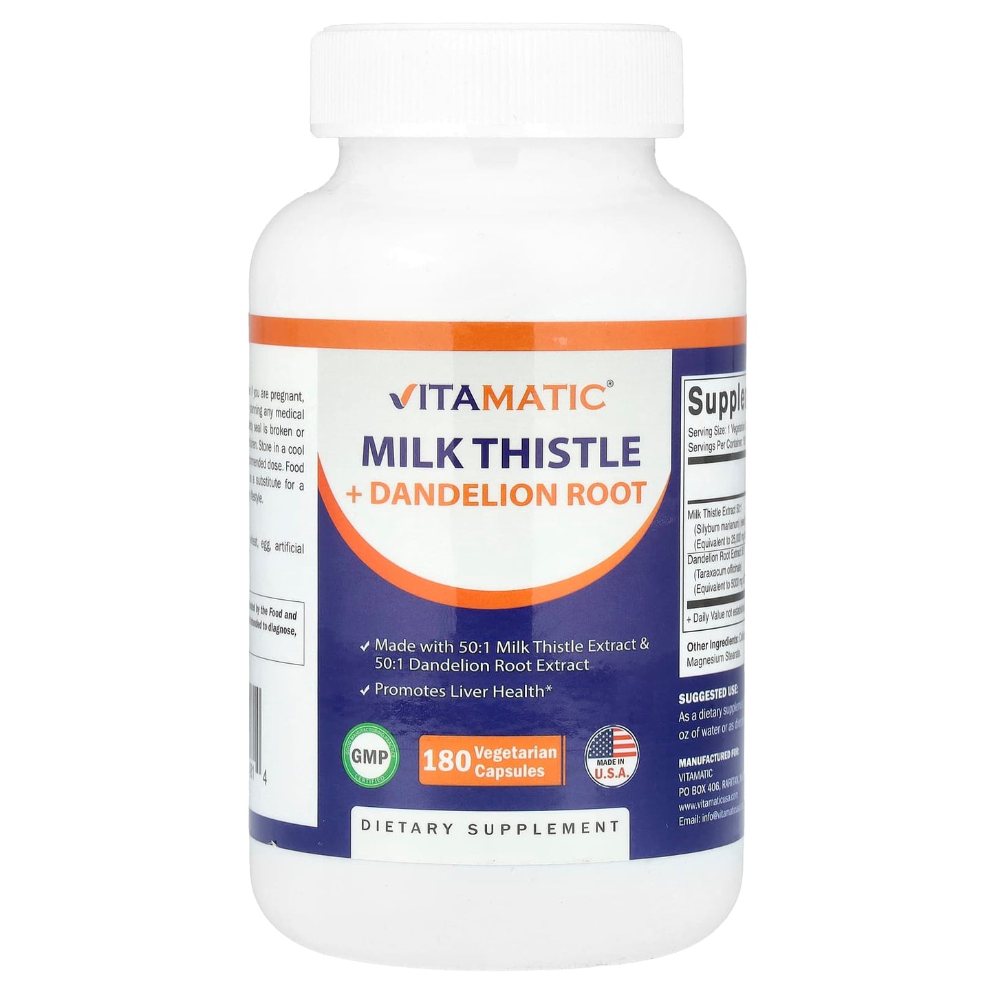 Vitamatic, Milk Thistle + Dandelion Root, 180 Vegetarian Capsules - Image 1