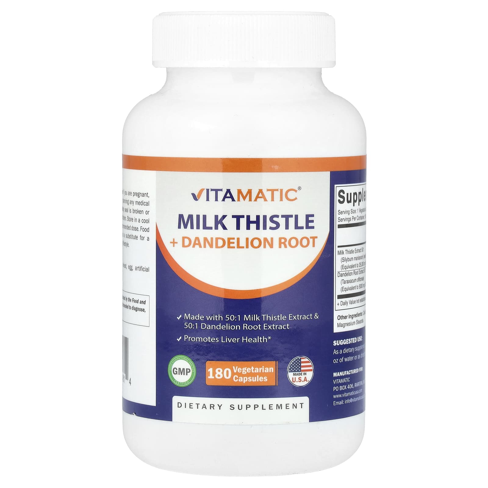 Vitamatic, Milk Thistle + Dandelion Root, 180 Vegetarian Capsules - Image 1