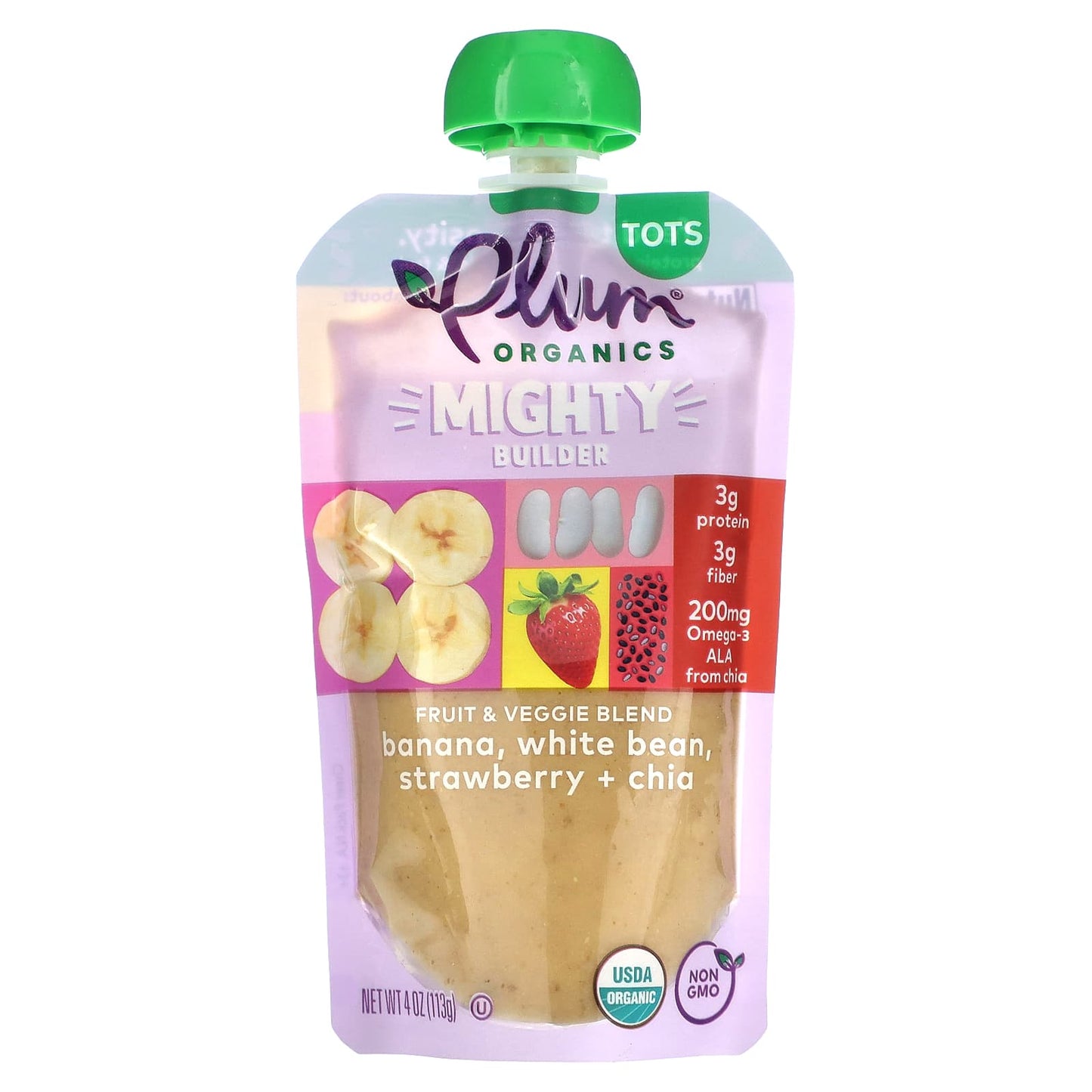 Plum Organics, Mighty Builder, Fruit & Veggie Blend, Tots, Banana, White Bean, Strawberry + Chia, 4 oz (113 g) - Image 1