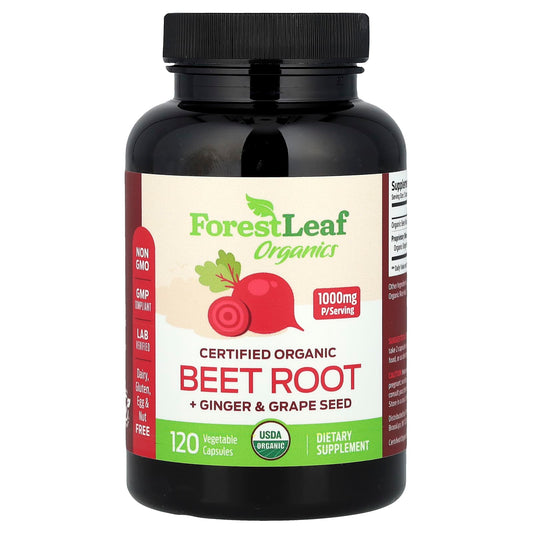 Certified Organic Beet Root + Ginger & Grape Seed, 120 Veg Capsules - USDA Organic - Image 1