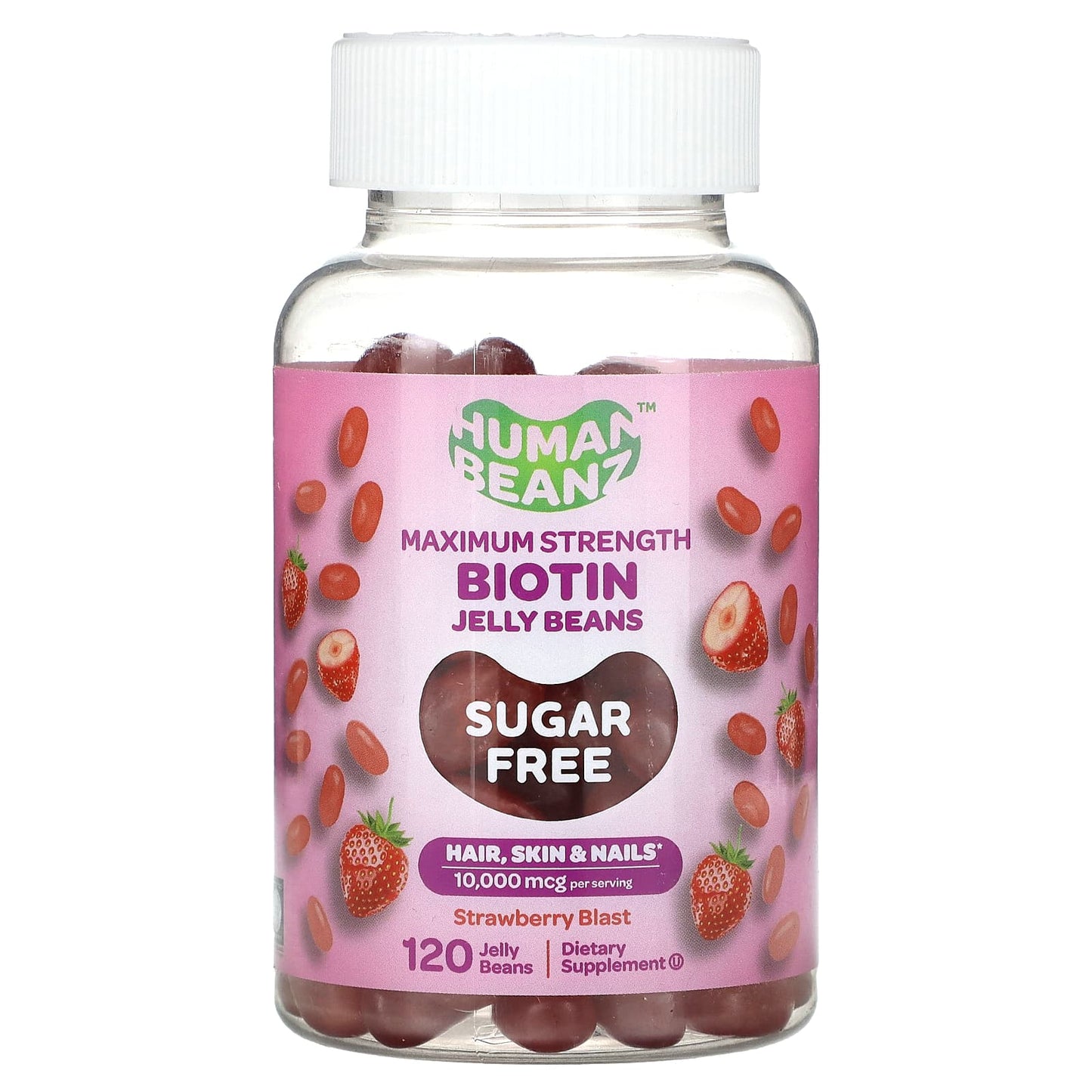 Human Beanz, Biotin Jelly Beans, Maximum Strength, Sugar Free, Strawberry Blast, 10,000 mcg, 120 Jelly Beans (2,500 mcg per Jelly Bean)
