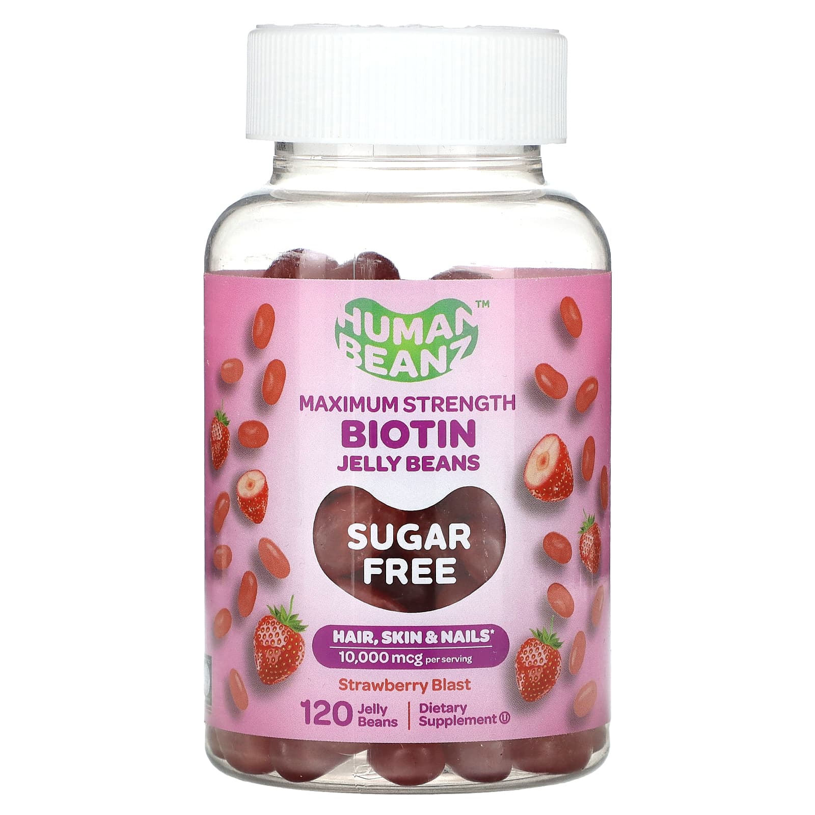 Human Beanz, Biotin Jelly Beans, Maximum Strength, Sugar Free, Strawberry Blast, 10,000 mcg, 120 Jelly Beans (2,500 mcg per Jelly Bean)
