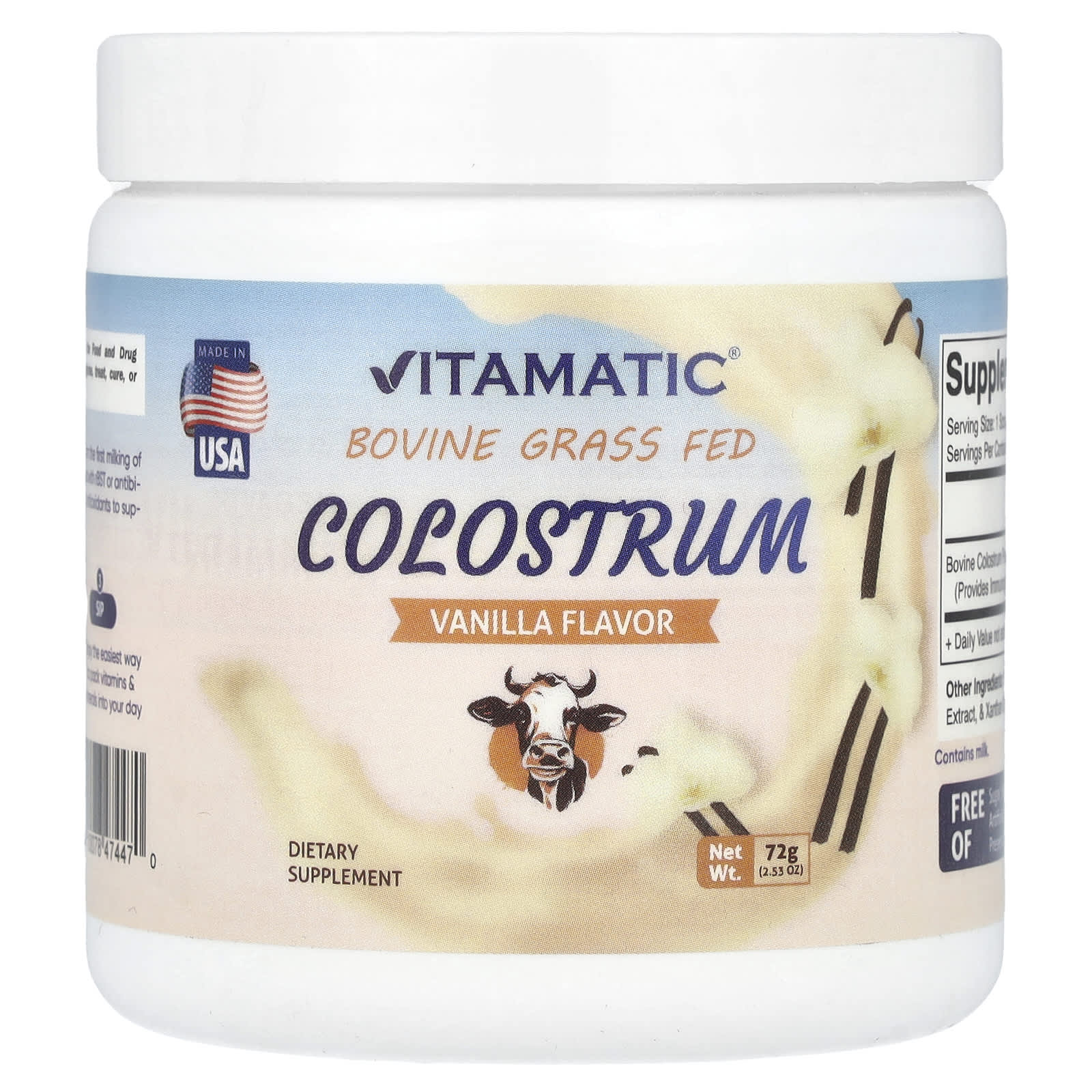Vitamatic, Bovine Grass Fed Colostrum, Vanilla, 2.53 oz (72 g) - Image 1