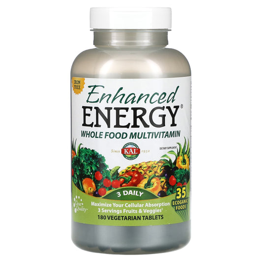 KAL, Enhanced Energy, Whole Food Multivitamin, Iron Free, 180 Vegetarian Tablets - Image 1