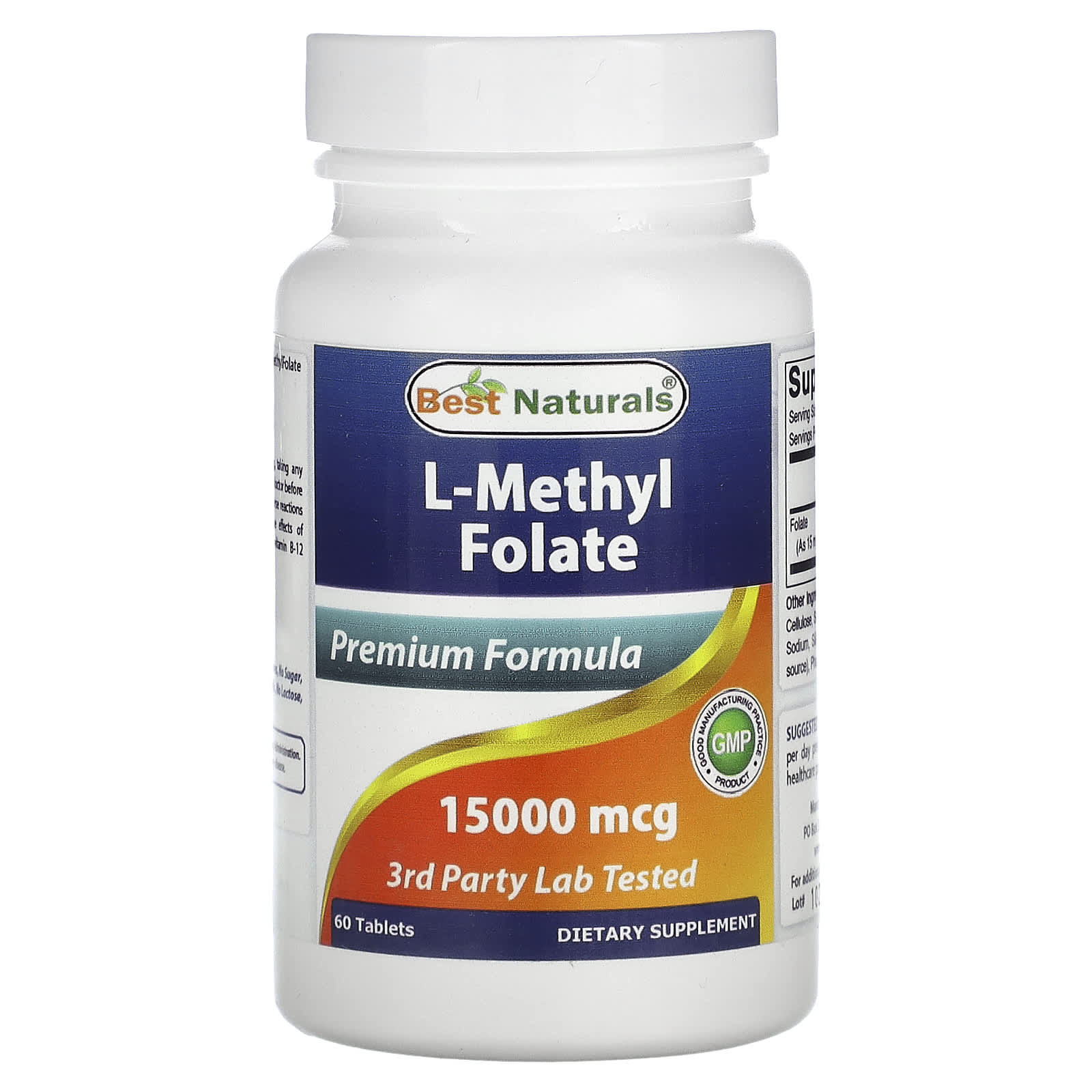 Folate Support with Best Naturals L-Methyl Folate 15,000 mcg - 60 Tablets - Image 1