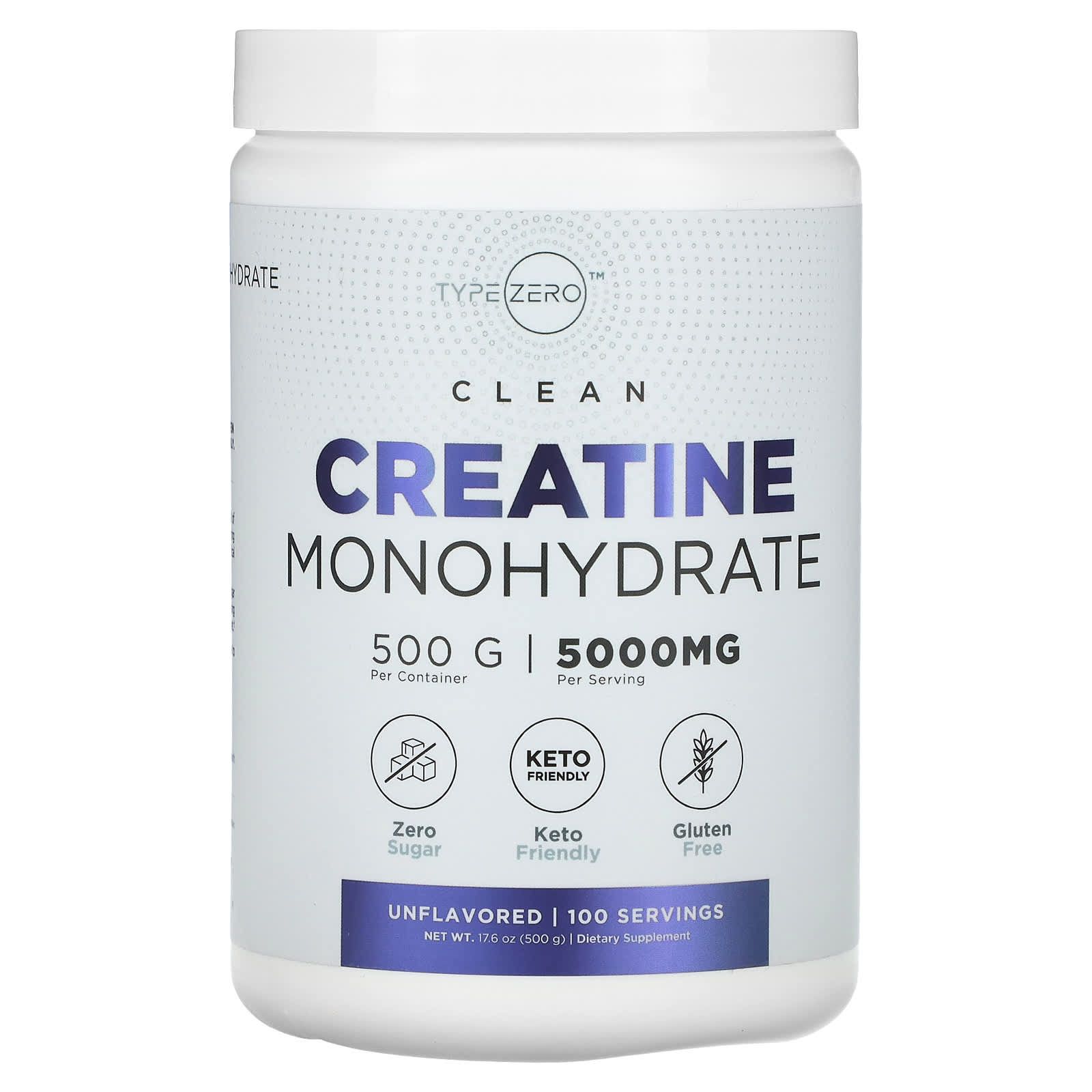 TypeZero, Clean, Creatine Monohydrate, Unflavored, 5,000 mg, 17.6 oz (500 g) - Image 1