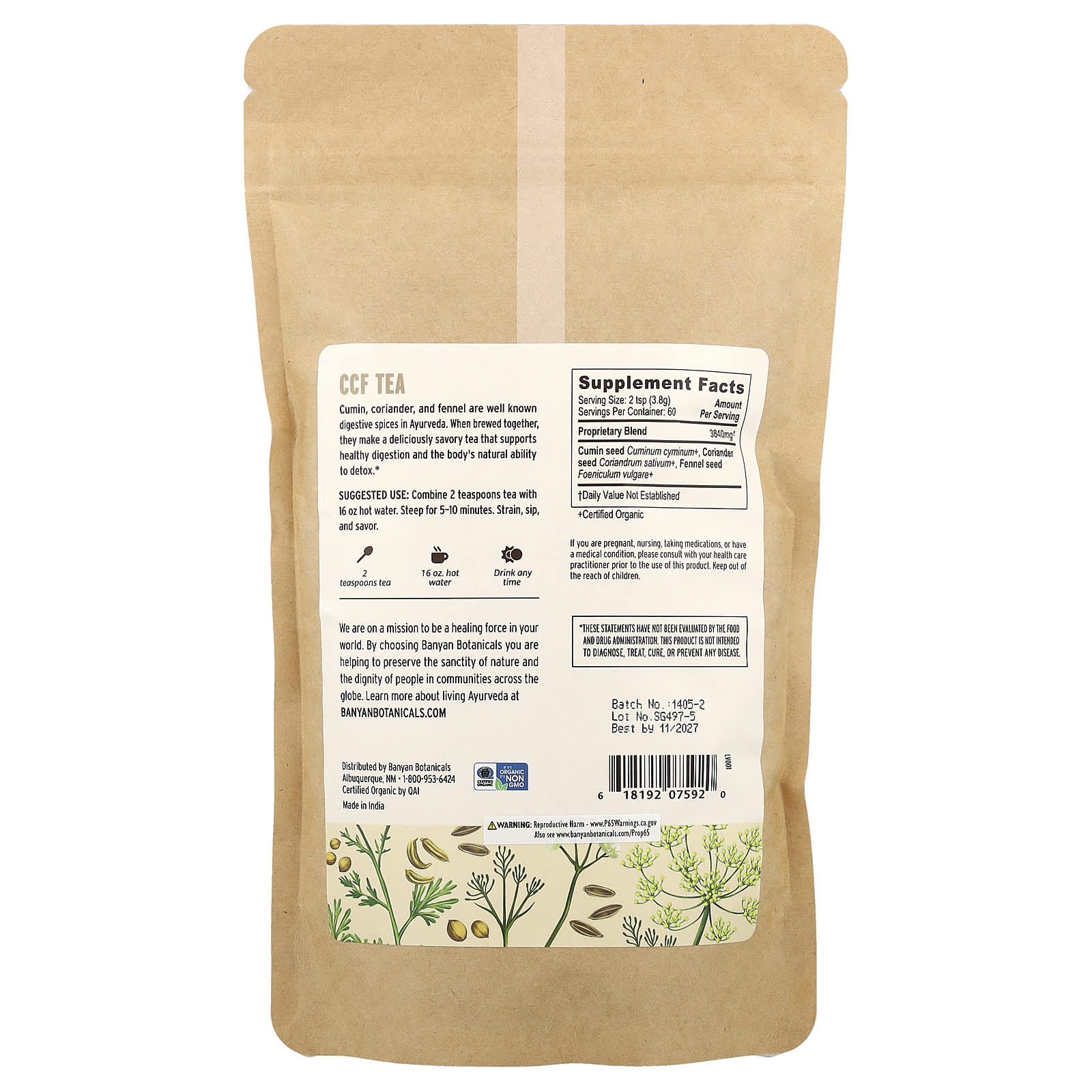 Banyan Botanicals, CCF Tea, Caffeine Free, 0.5 lb (227 g)