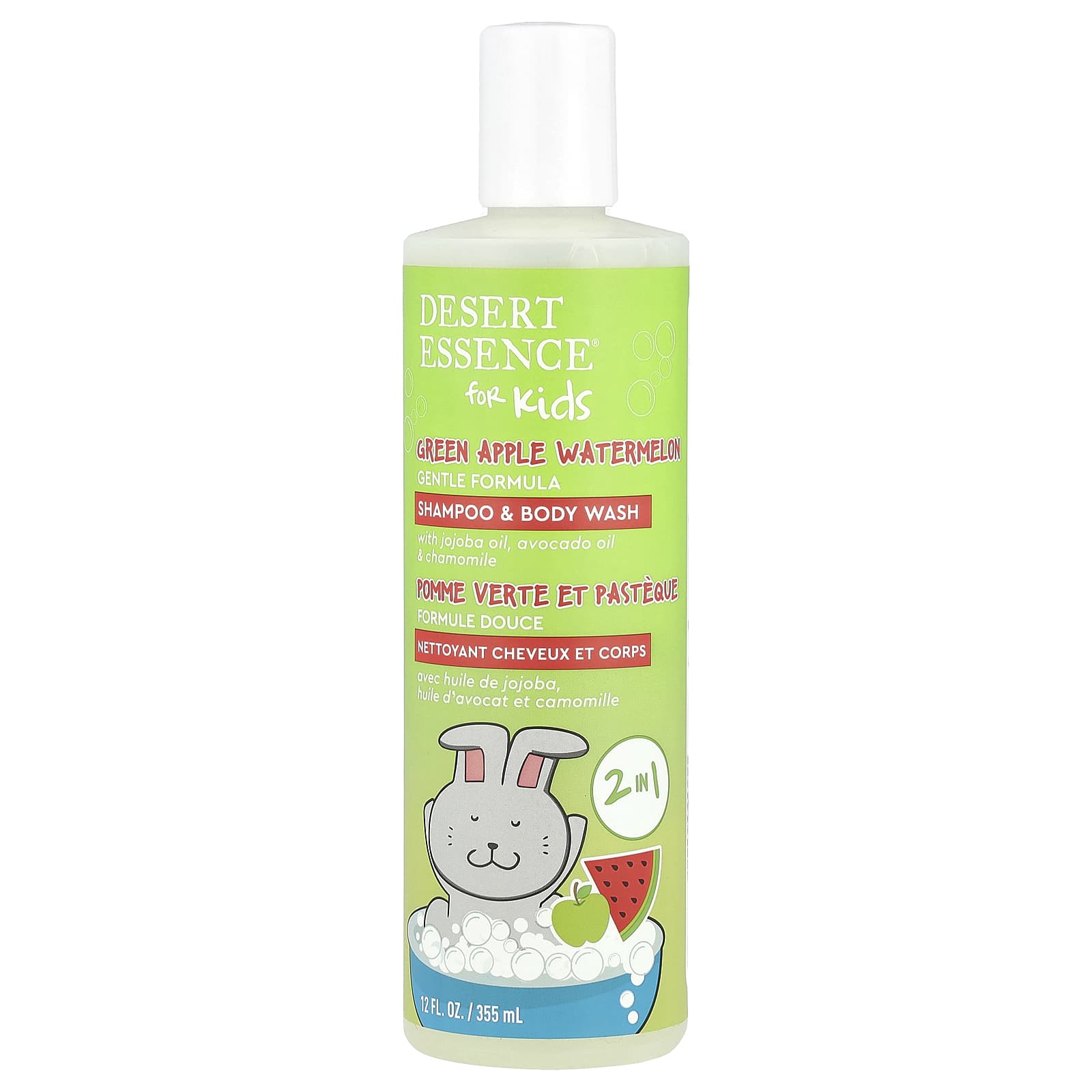 Desert Essence Green Apple Watermelon 2 in 1 Shampoo & Body Wash for Kids, 12 fl oz - Image 1