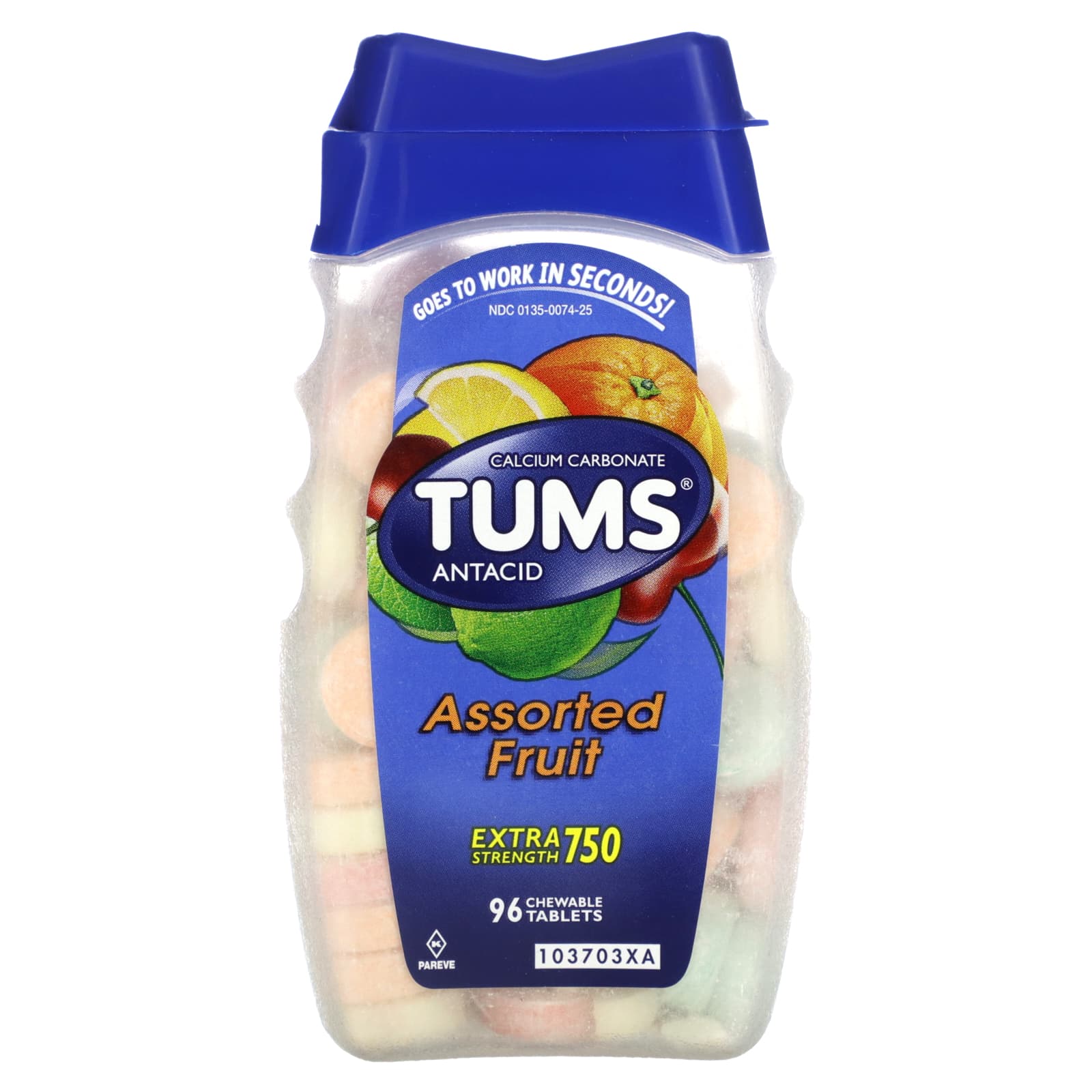 Tums, Extra Strength Antacid, Assorted Fruit, 96 Chewable Tablets (750 mg per Tablet) - Image 1