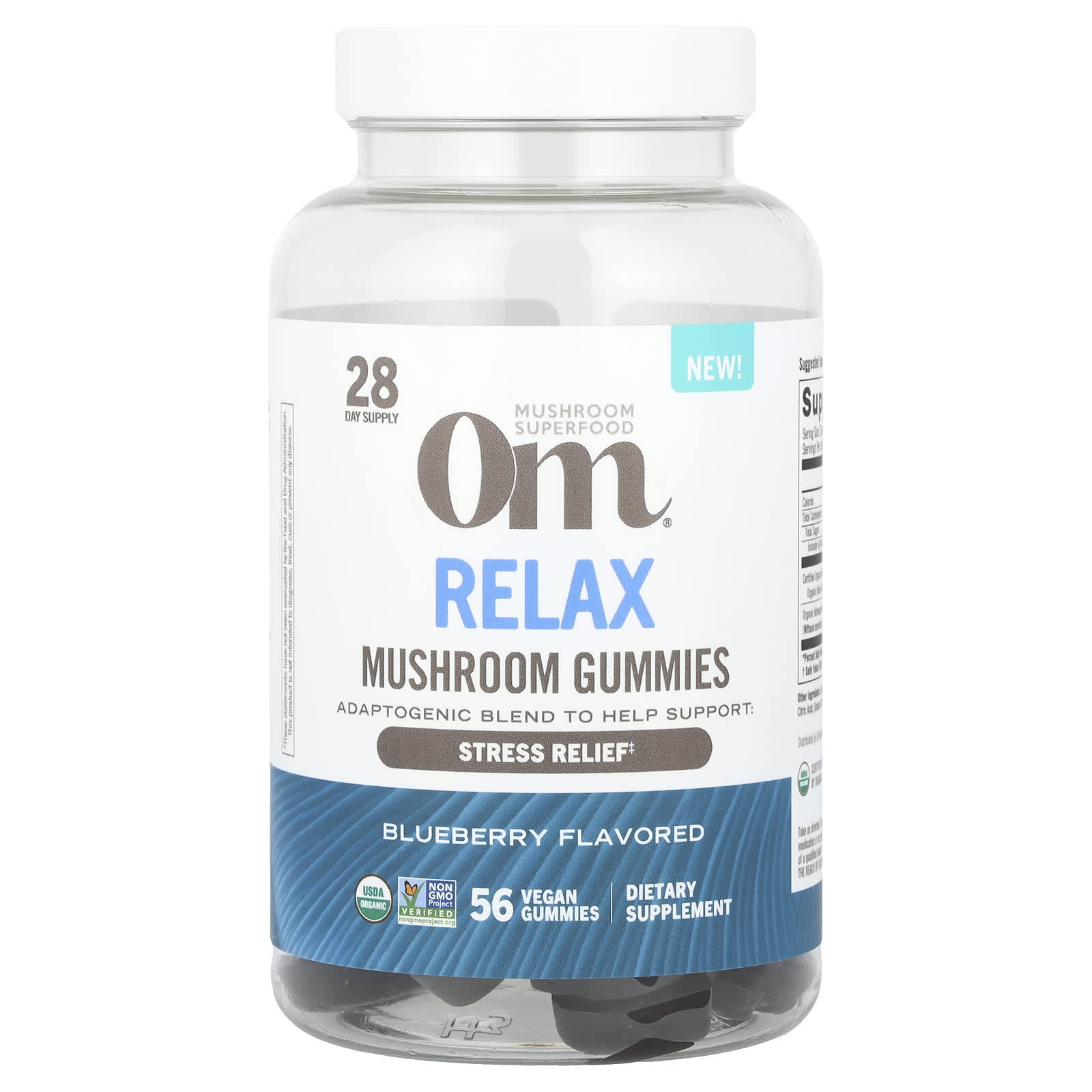 Om Mushrooms, Relax Mushroom Gummies, Blueberry , 56 Vegan Gummies - Image 1