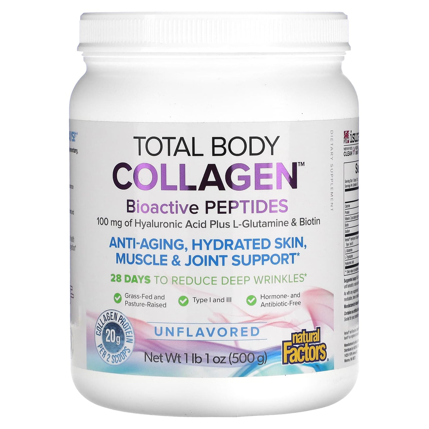 Natural Factors, Total Body Collagen, Bioactive Peptides, Unflavored, 1 lb 1 oz (500 g) - Image 1