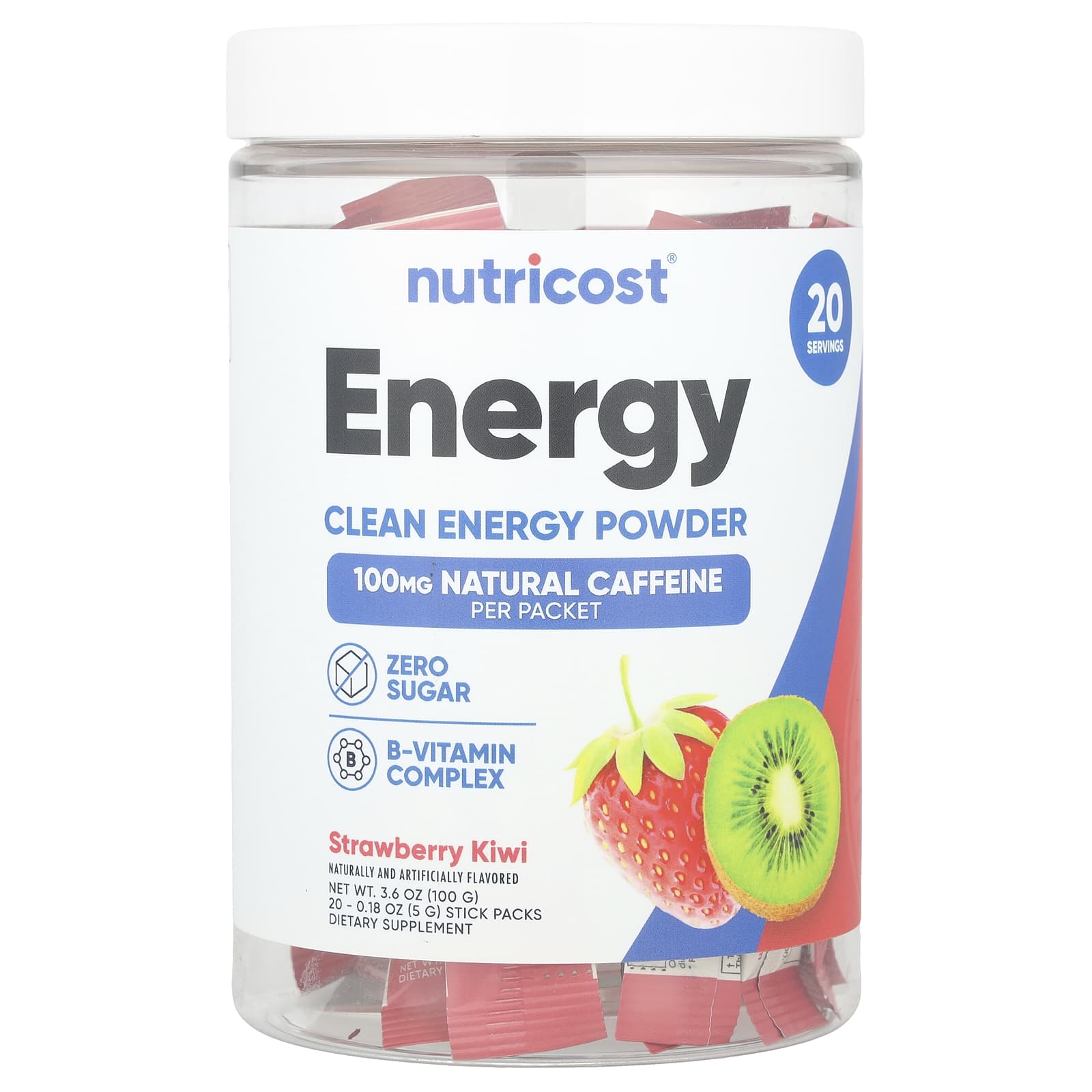 Nutricost, Energy, Clean Energy Powder, Strawberry Kiwi , 20 Stick Packs, 0.18 oz (5 g) Each - Image 1