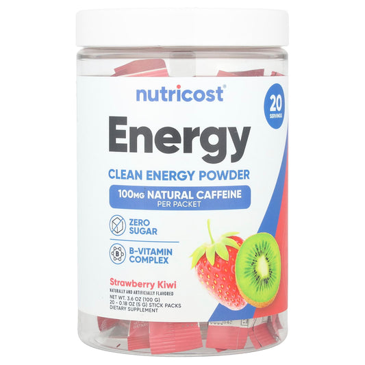 Nutricost, Energy, Clean Energy Powder, Strawberry Kiwi , 20 Stick Packs, 0.18 oz (5 g) Each - Image 1
