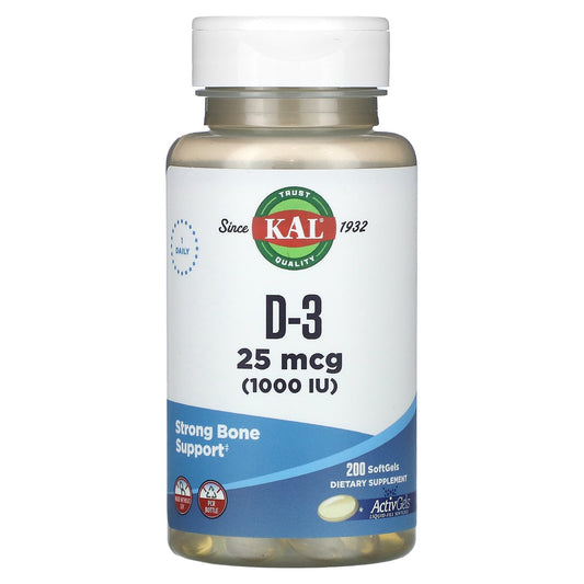 KAL, D-3 , 25 mcg (1,000 IU), 200 Softgels - Image 1