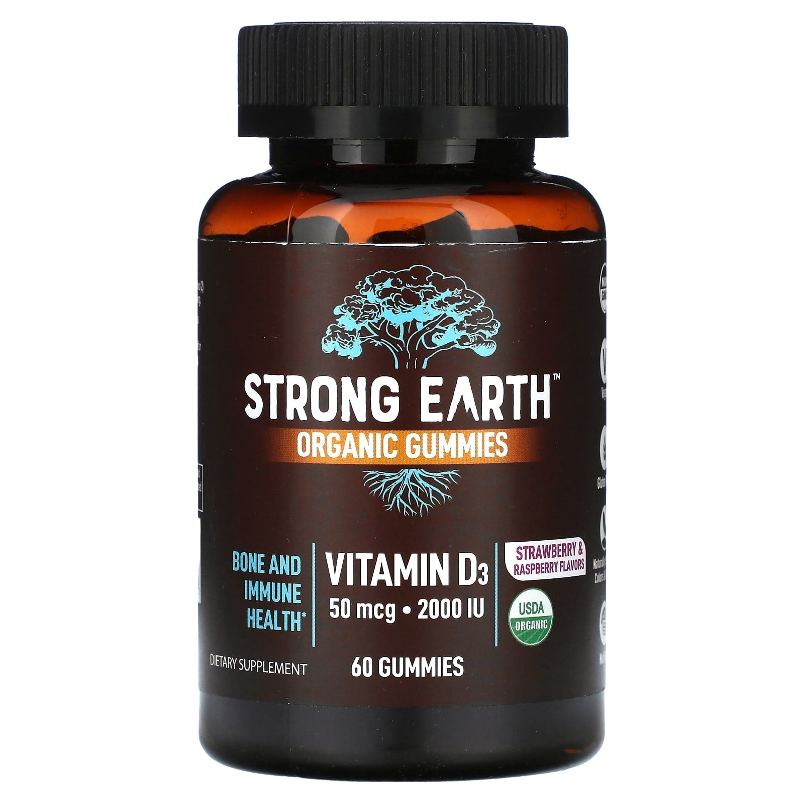 YumVs, Strong Earth Organic Gummies, Vitamin D3, Strawberry Raspberry, 60 Gummies (1,000 IU per Gummy) - Image 1
