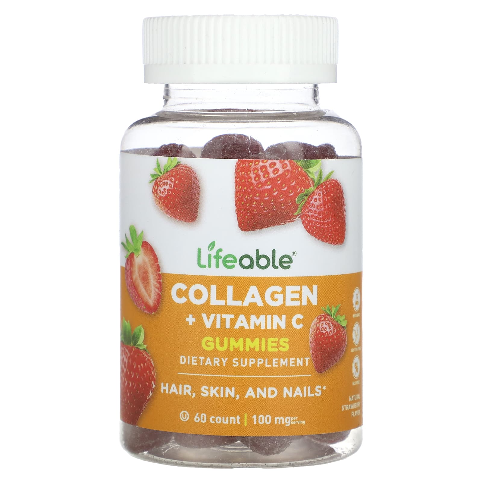 Lifeable, Collagen + Vitamin C Gummies, Natural Strawberry, 60 Gummies - Image 1