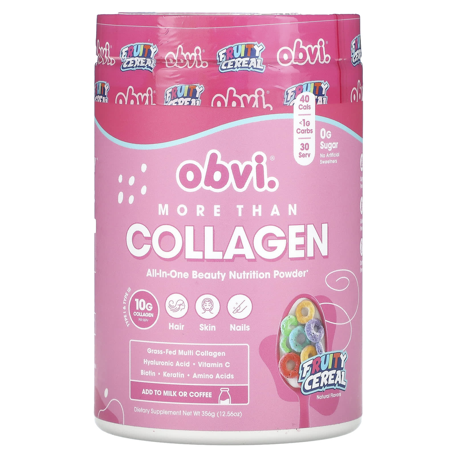 Obvi, More Than Collagen, All-In-One Beauty Nutrition Powder, Fruity Cereal, 12.56 oz (356 g) - Image 1
