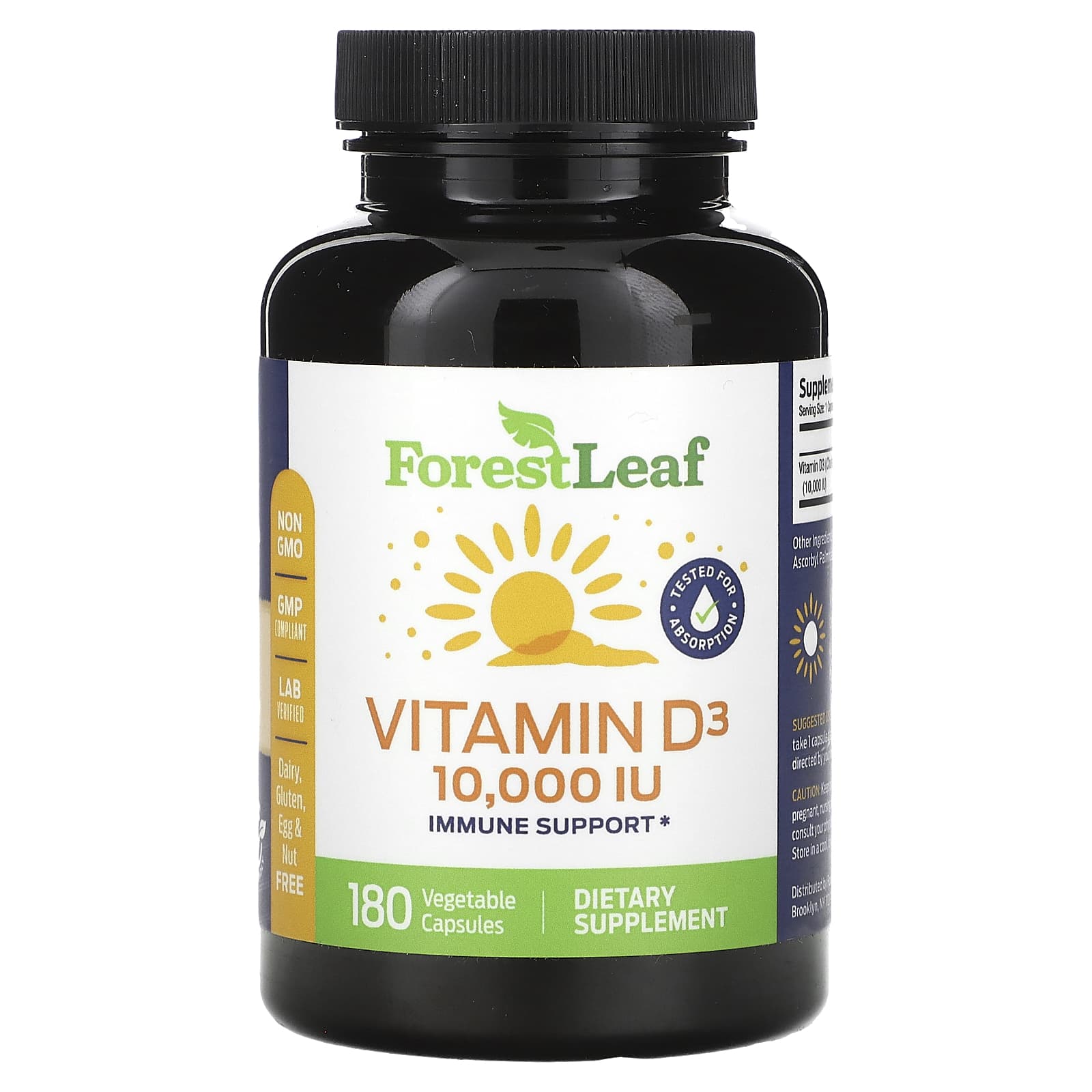 Vitamin D3 250 mcg Supplement with Immune Support - 180 Veg Capsules - Image 1