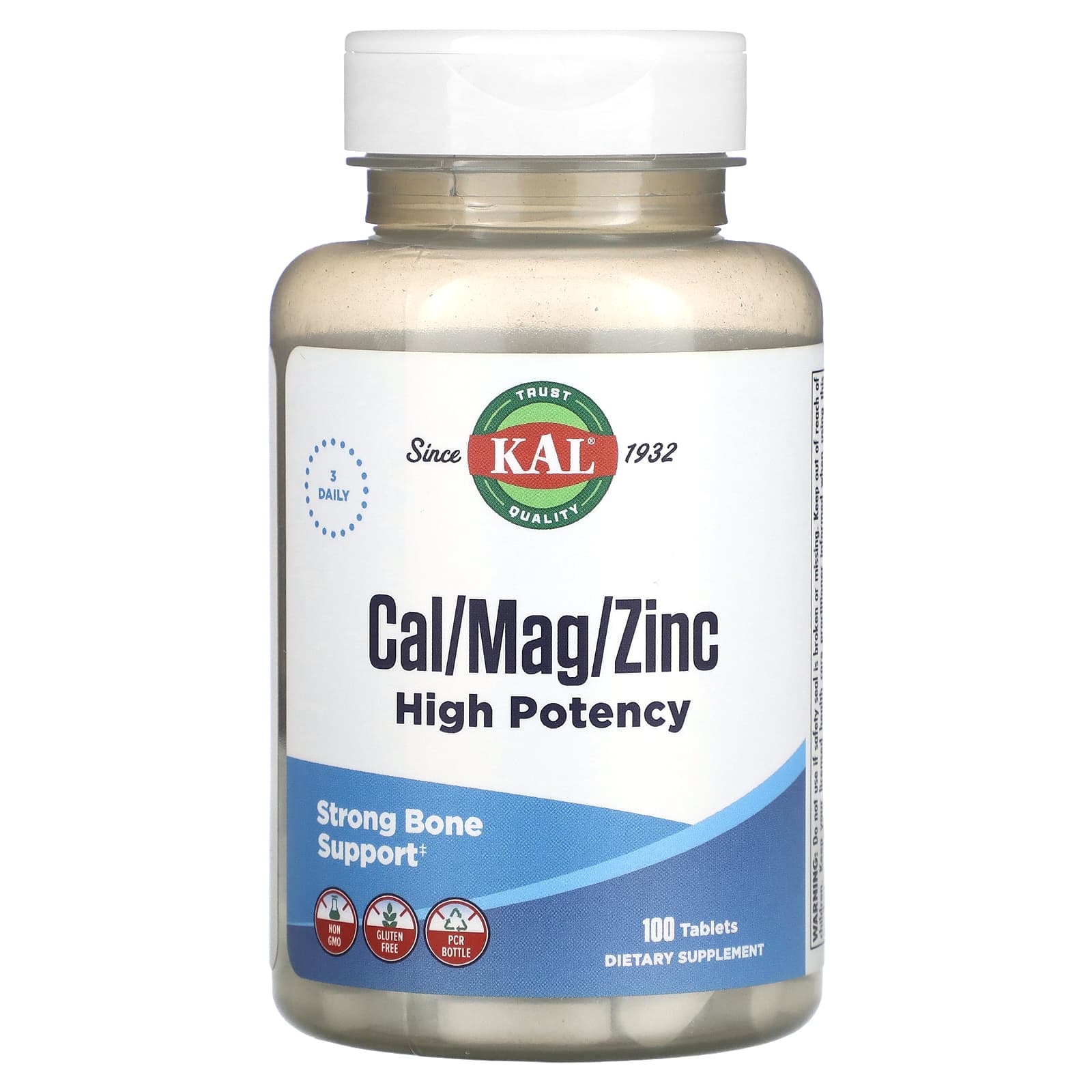 High Potency Calcium, Magnesium & Zinc Supplement 100 Tablets by KAL - Image 1