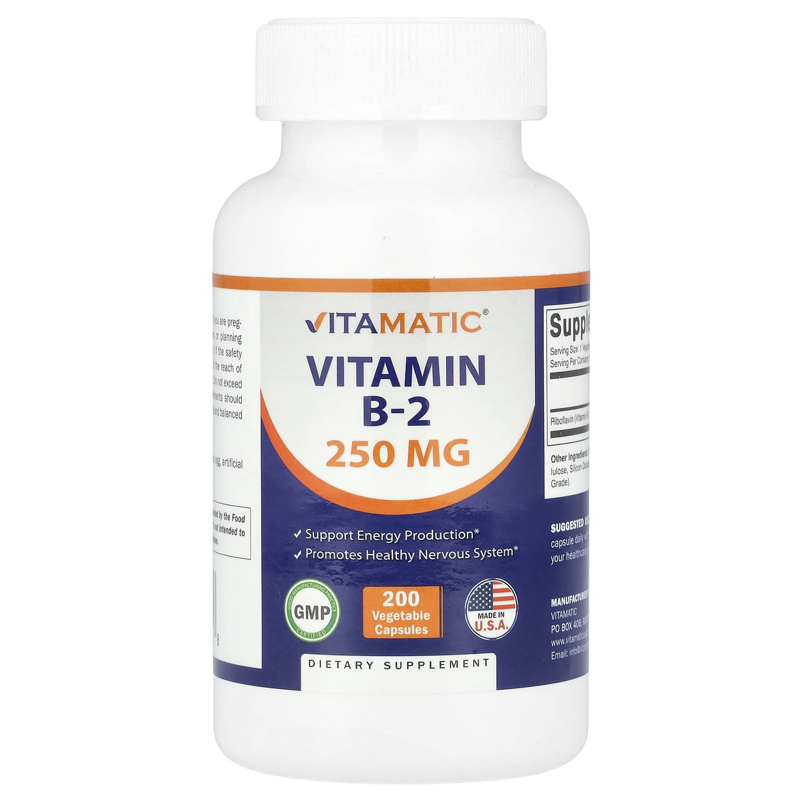 Vitamatic, Vitamin B-2, 250 mg , 200 Vegetable Capsules - Image 1