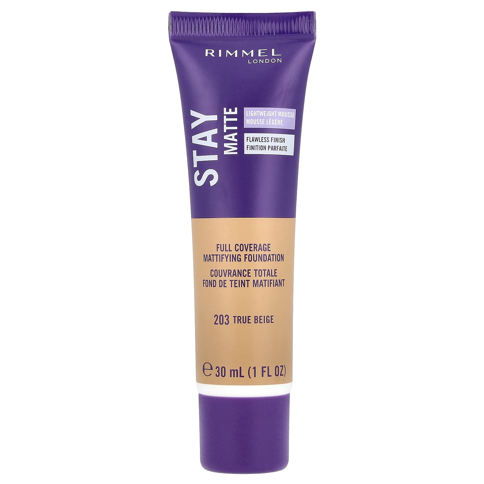 Rimmel London, Stay Matte, Full Coverage Mattifying Foundation, 203 True Beige, 1 fl oz (30 ml) - Image 1