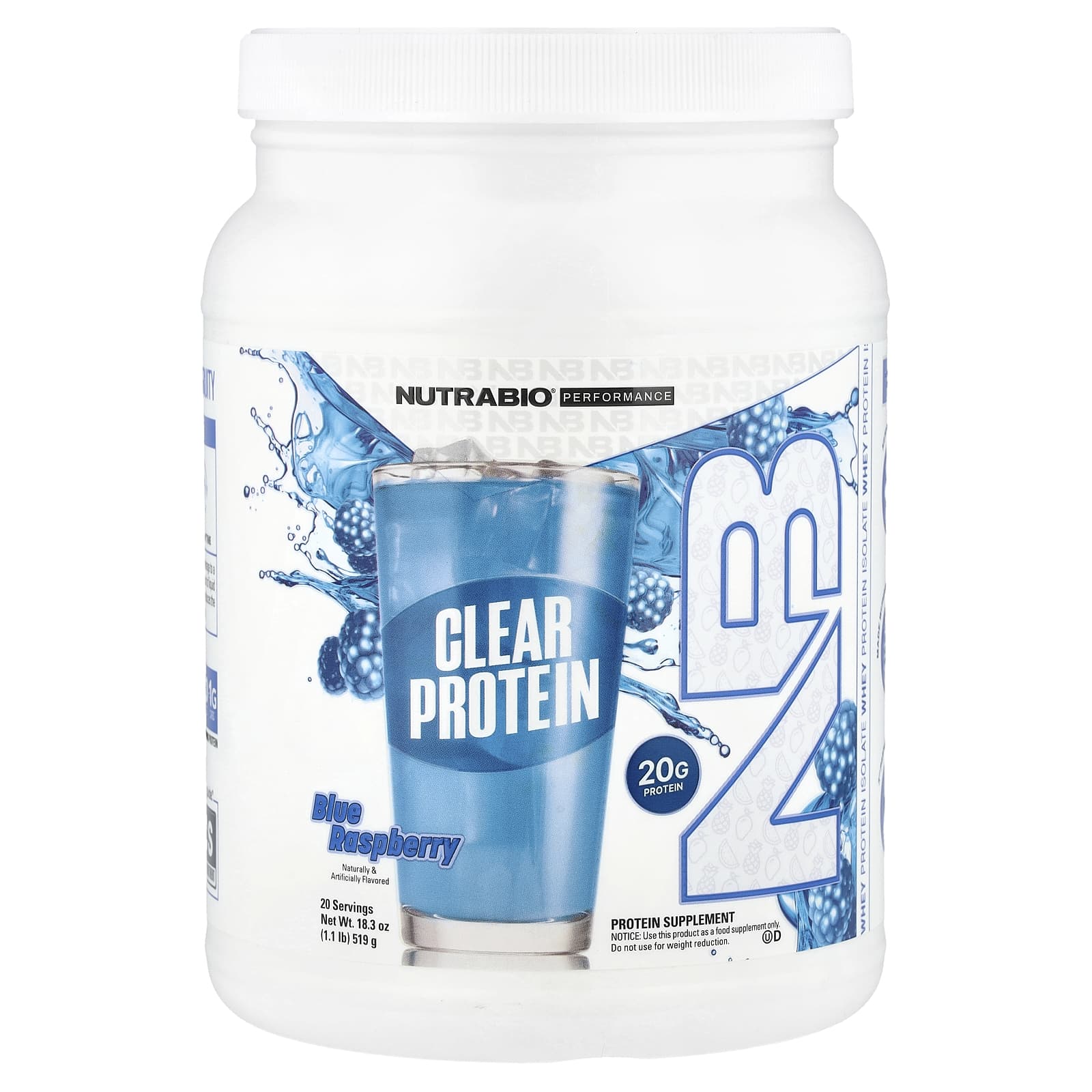 NutraBio, Performance, Clear Protein, Blue Raspberry, 1.1 lb (519 g) - Image 1