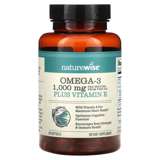 NatureWise, Omega 3 Plus Vitamin E, 60 Softgels - Image 1