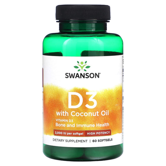 Swanson, D3 with Coconut Oil, High Potency, 50 mcg (2,000 IU), 60 Softgels - Image 1