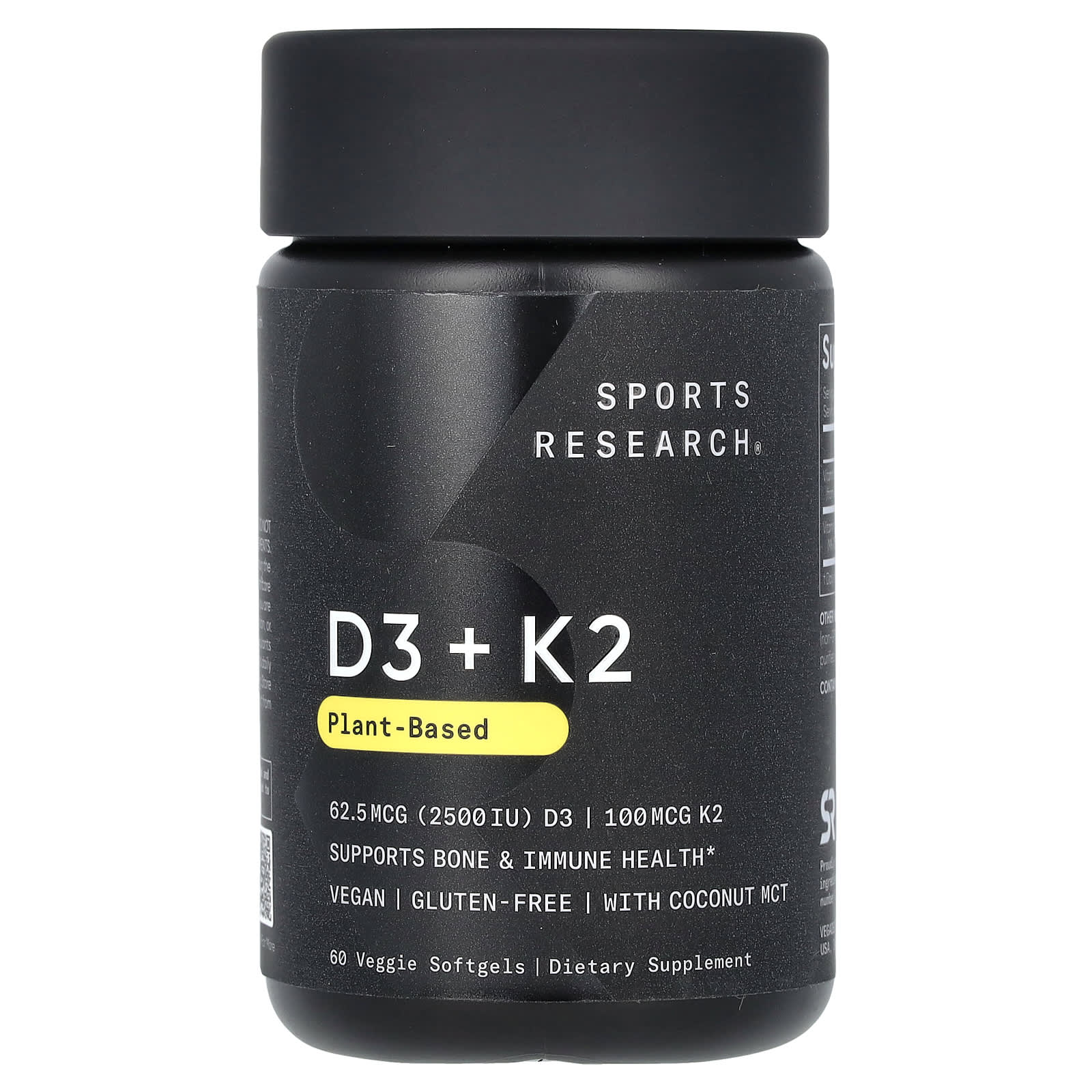 Sports Research, D3 + K2, Plant-Based, 62.5 mcg/100 mcg, 60 Veggie Softgels - Image 1