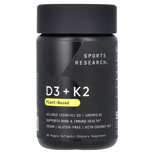 Sports Research, D3 + K2, Plant-Based, 62.5 mcg/100 mcg, 60 Veggie Softgels - Image 1