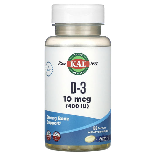 KAL, D-3, 10 mcg (400 IU), 100 Softgels - Image 1