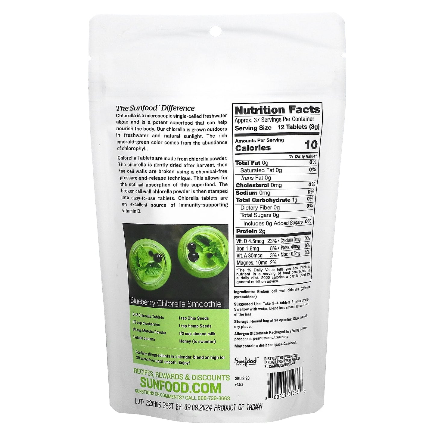 Sunfood, Broken Cell Wall Chlorella Tablets, 250 mg, 452 Tablets, 4 oz (113 g) - Image 2