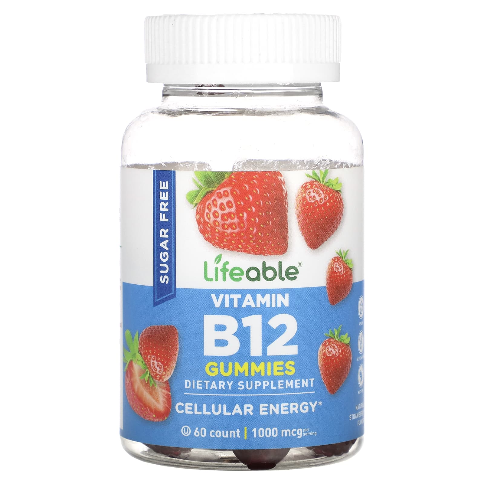 Lifeable, Vitamin B12 Gummies, Sugar Free, Natural Strawberry, 60 Gummies (500 mcg per Gummy) - Image 1