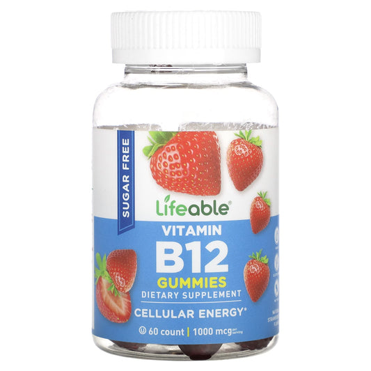 Lifeable, Vitamin B12 Gummies, Sugar Free, Natural Strawberry, 60 Gummies (500 mcg per Gummy) - Image 1