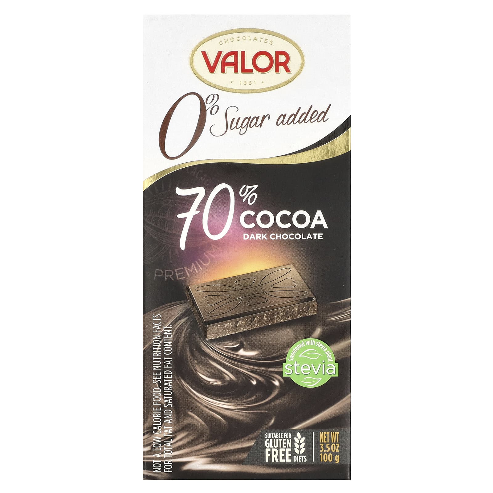 Valor, 0% Sugar Added, 70% Cocoa Dark Chocolate, 3.5 oz (100 g) - Image 1