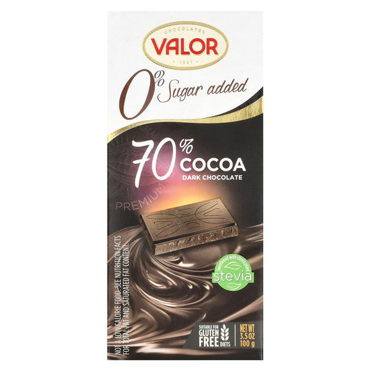 Valor, 0% Sugar Added, 70% Cocoa Dark Chocolate, 3.5 oz (100 g) - Image 1