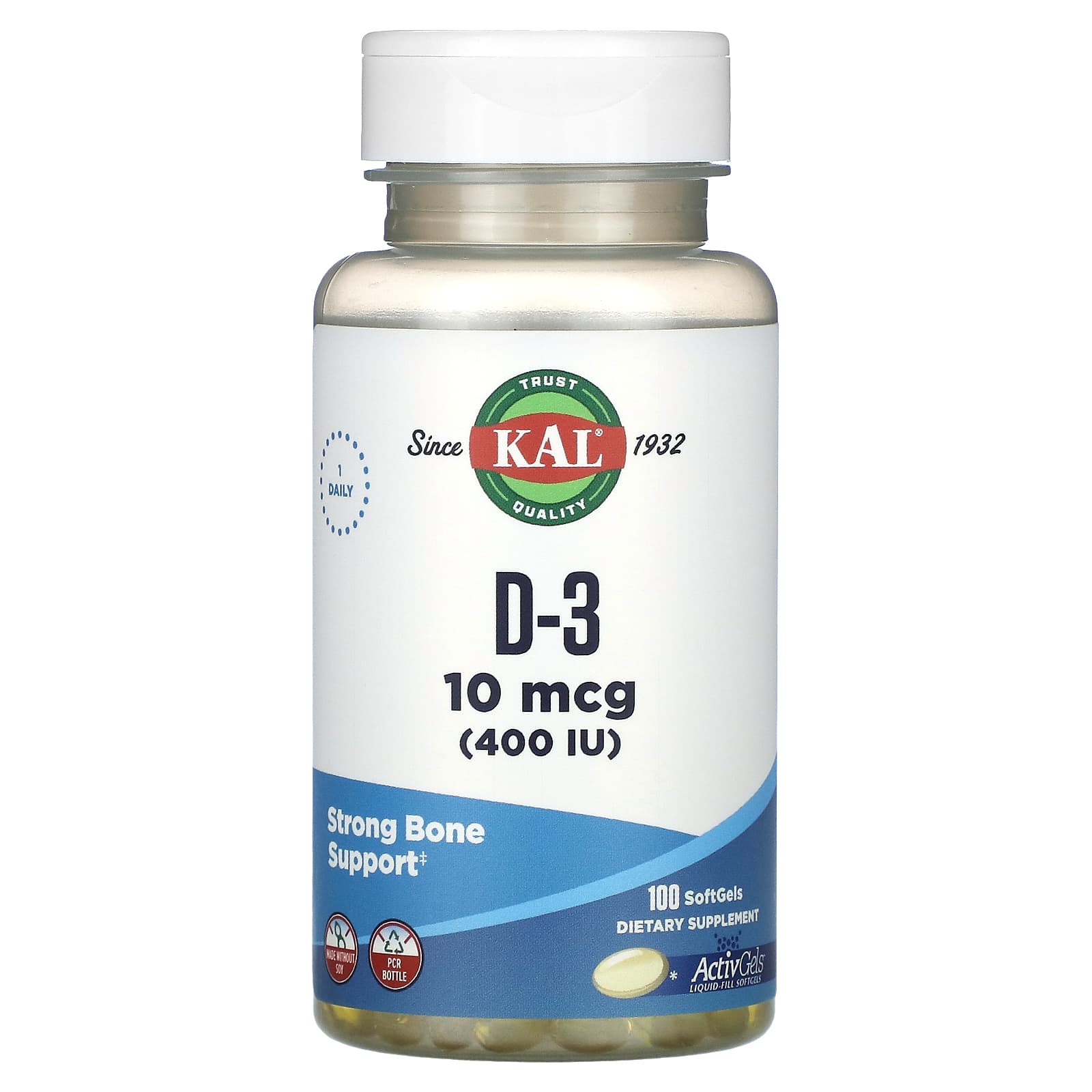 KAL, D-3, 10 mcg (400 IU), 100 Softgels - Image 1