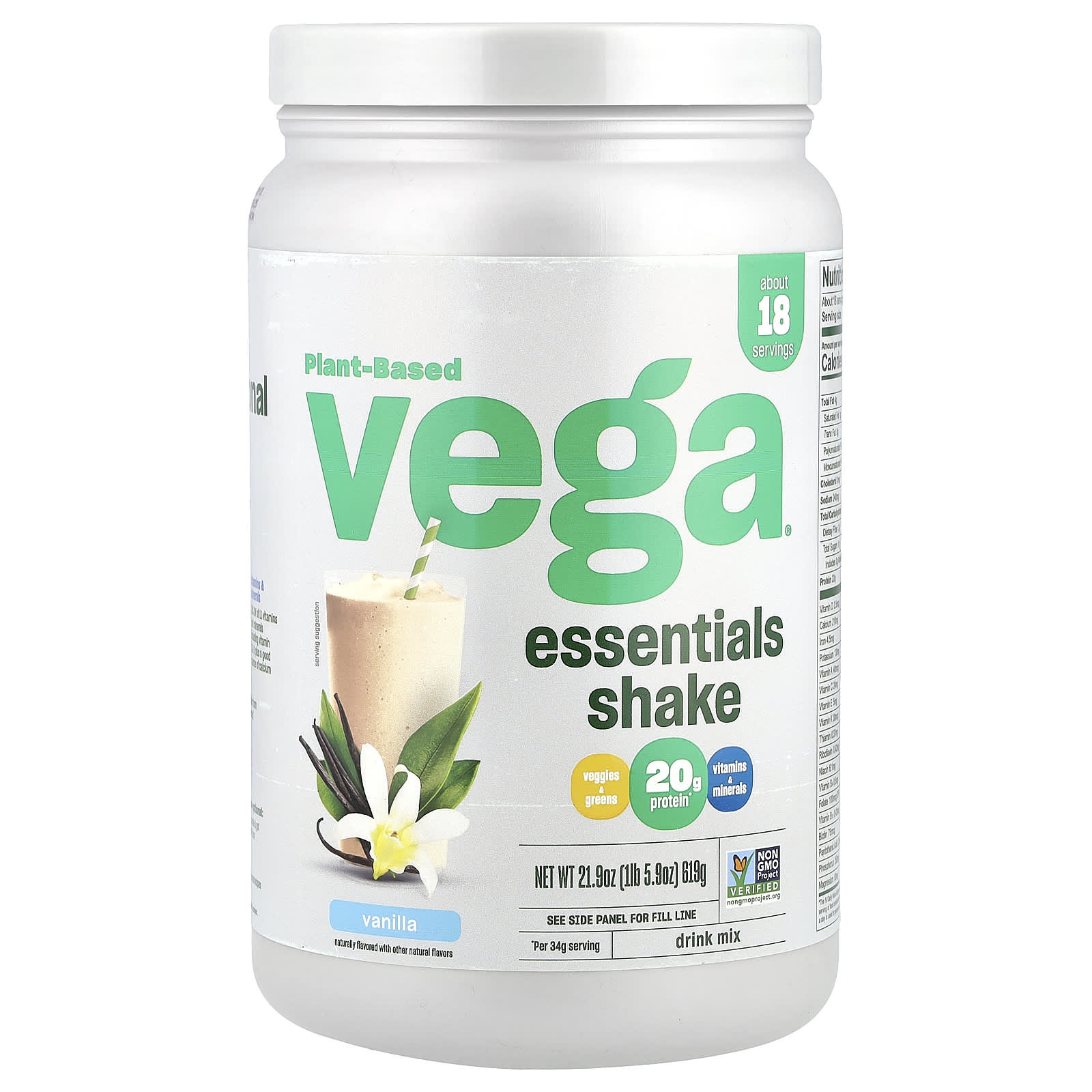 Vega, Plant-Based Essentials Shake, Vanilla, 1 lb 5.9 oz (619 g) - Image 1
