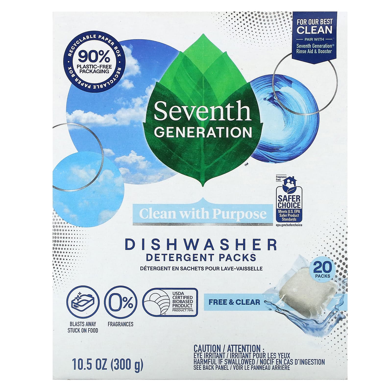 Seventh Generation, Dishwasher Detergent Packs, Free & Clear, Fragrance Free  , 20 Packs, 10.5 oz (300 g) - Image 1
