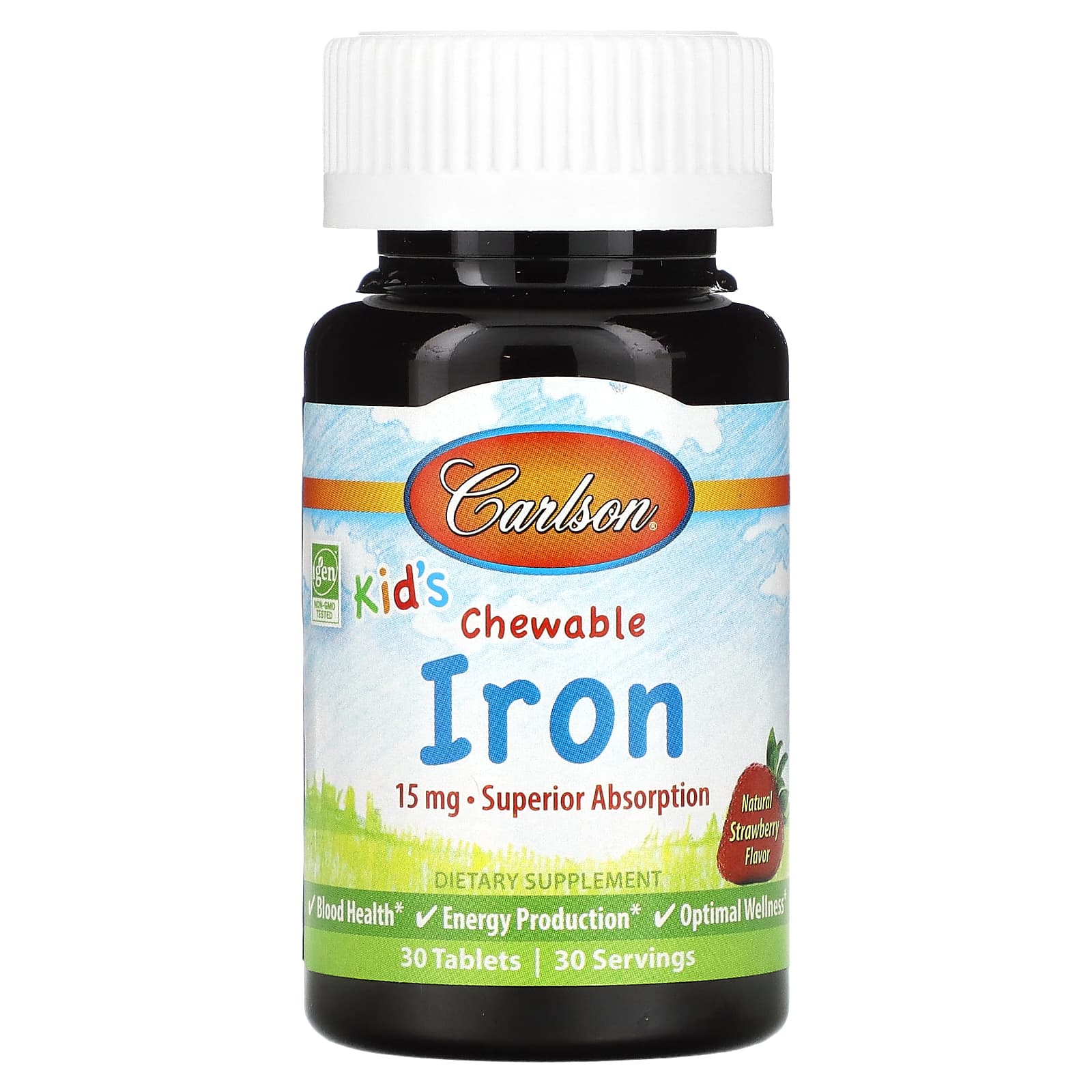 Carlson Kid's Chewable Iron Supplement, 15mg, 30 Tablets, Strawberry Flavor - Image 1