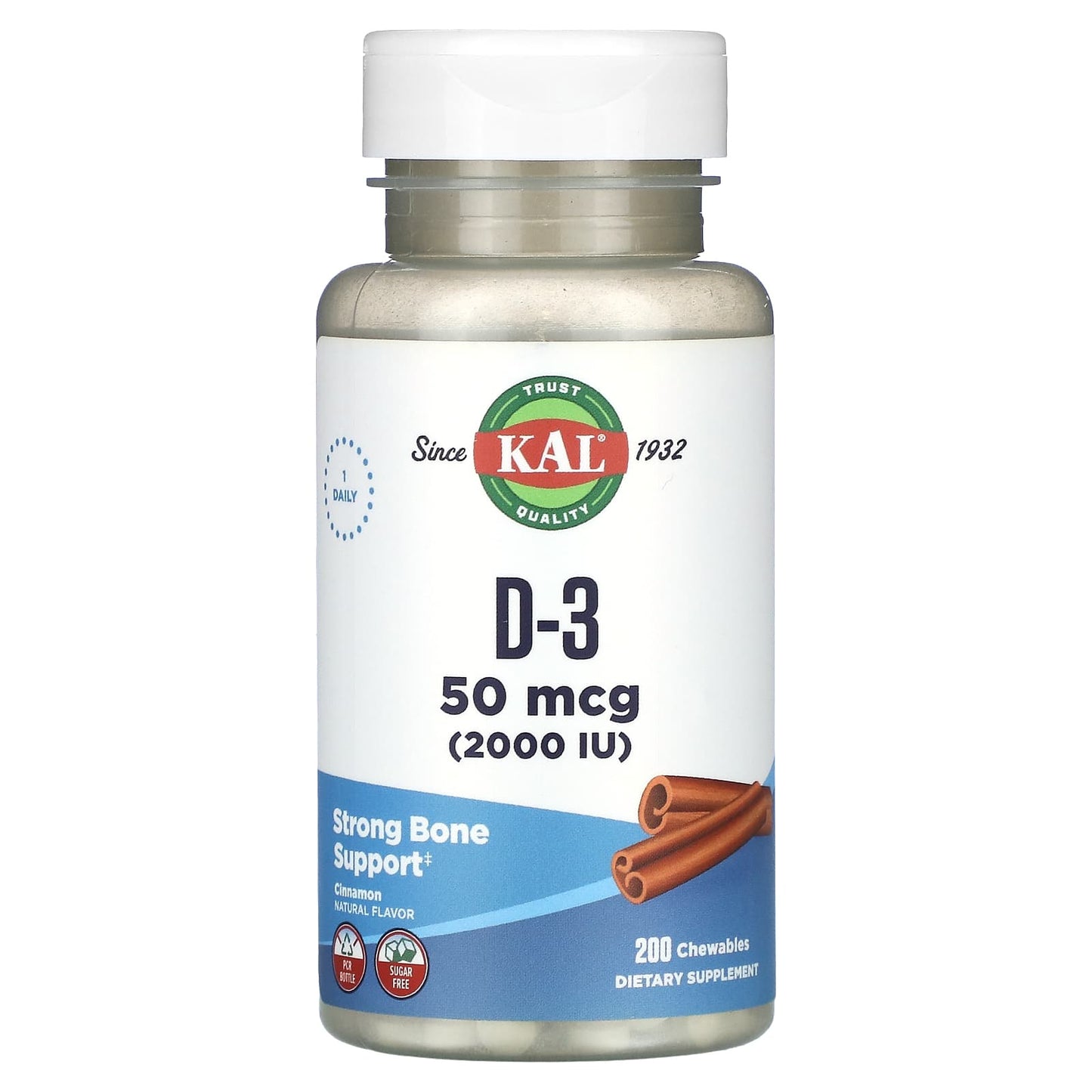 KAL, D-3, Cinnamon, 50 mcg (2,000 IU), 200 Chewables - Image 1